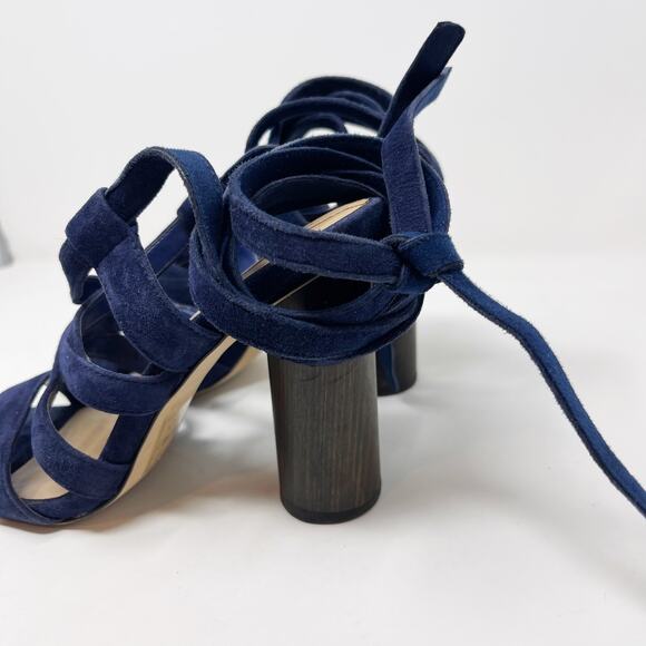 Aldo Womens 6.5 Navy Blue Lace Up Suede Heels 4" Round Wood Heels Open Toes - Picture 10 of 16